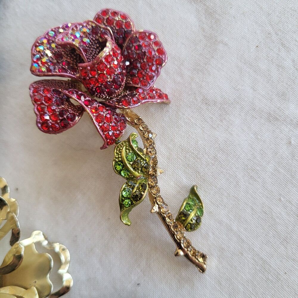 Brooch Pin Lot Floral Cameo Sparkle Rhinestone Crystal Rose Dragonfly Goldtone - Picture 6 of 8